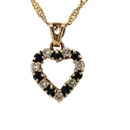 85 - A sapphire and white stone heart necklace and earrings set. Pendant and chain hallmarked 9ct gold. E... 