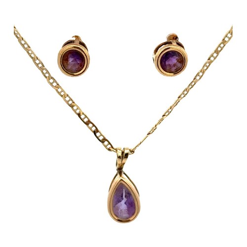 86 - Amethyst pendant necklace and earrings. Chain hallmarked 9ct, pendant marked p9k and earrings unmark... 