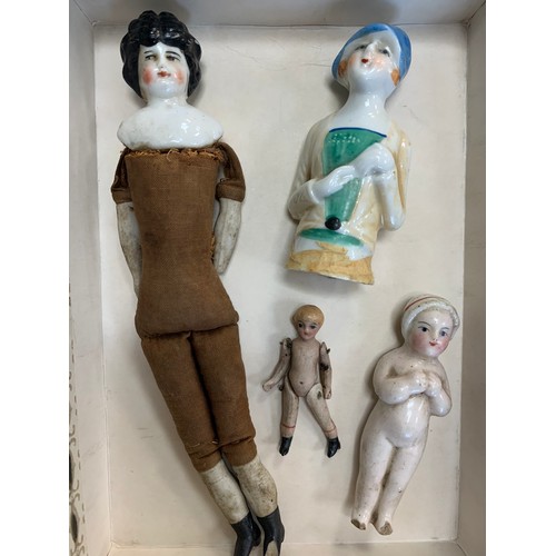 272 - Small selection of four antique dolls to include; Antique Miniature bisque pin jointed doll (likely ... 