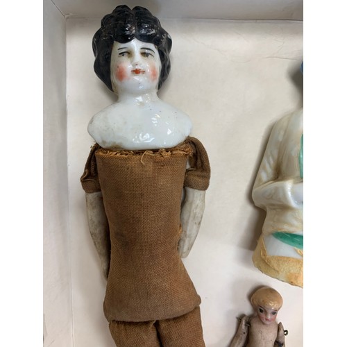 272 - Small selection of four antique dolls to include; Antique Miniature bisque pin jointed doll (likely ... 