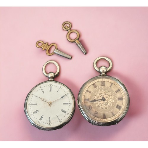 158 - Two key wind pocket watches. First with beaded case, white enamel dial with Roman numeral hour marke... 