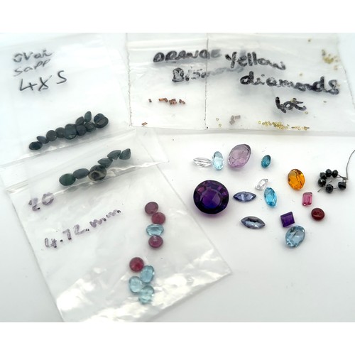 111 - A number of loose unmounted gemstones. Includes natural sapphires, orange and yellow melee diamonds,... 