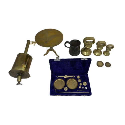 301 - Brass Weights Scales Trivet, interesting lot of Brass and Pewter items to include. Three brass bell ... 