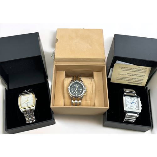 130 - Three boxed Gents Amadeus stainless steel watches. 
AM00036 - Chronograph quartz watch -white dial, ... 