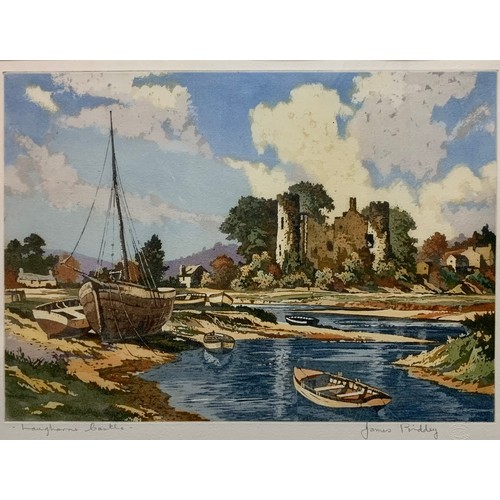 372 - James Priddey (British, 1916-1980), ‘Laugharne Castle’ signed coloured aquatint print. Signed and ti... 