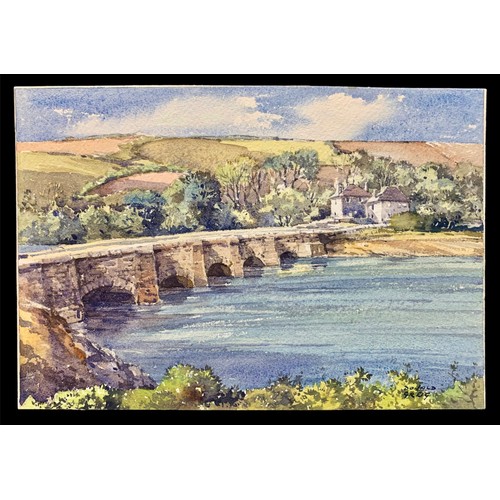 379 - Donald Greig (British, 1916-2009), watercolour on artists board bridge landscape. Signed lower right... 