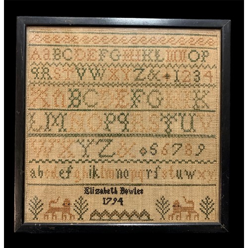 285 - Late 18th Century Alphabet embroidery sample by Elizabeth Bowler, dated 1794. Framed and glazed. 26c... 