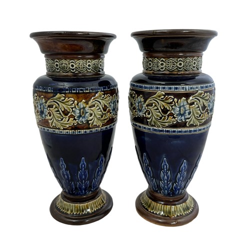 237 - Royal Doulton, pair of Royal Doulton Lambeth stone glazed vases, glazed with blue and brown, floral ... 