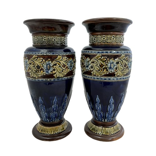 237 - Royal Doulton, pair of Royal Doulton Lambeth stone glazed vases, glazed with blue and brown, floral ... 