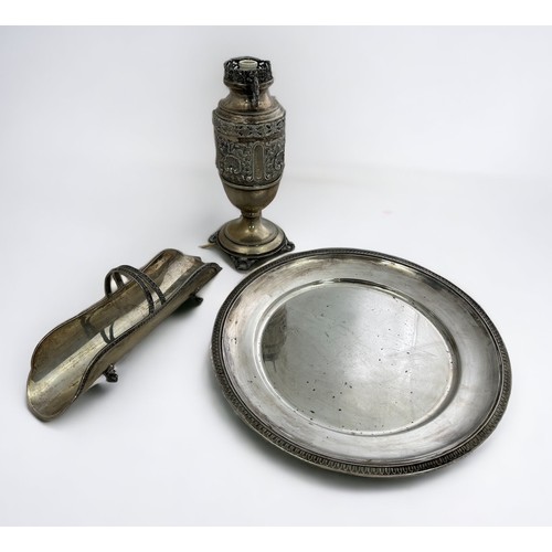 190 - Three continental white metal items stamped 800.  A 31.5cm salver and a basket with matching cast ri... 