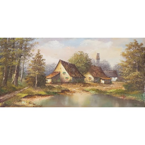 400 - Nicol (European, 20th Contemporary), large oil on canvas landscape of lakeside countryside cottages ... 