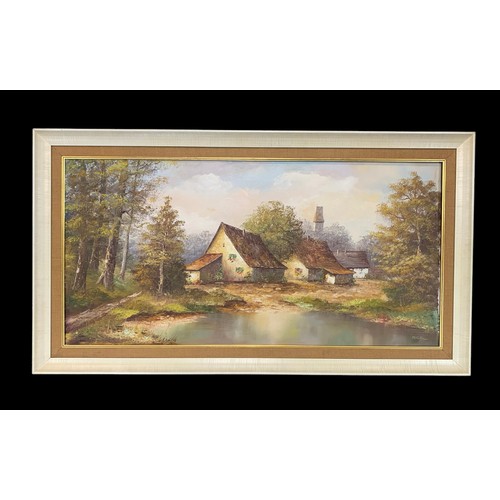 400 - Nicol (European, 20th Contemporary), large oil on canvas landscape of lakeside countryside cottages ... 