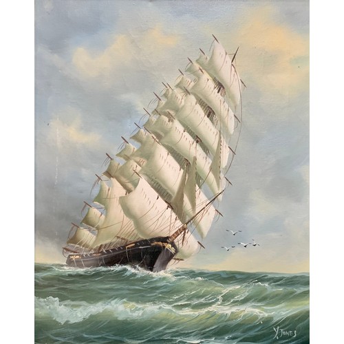 397 - Y Jones (20th Century), oil on canvas painting of a masted sailing ship on choppy waters. Signed low... 