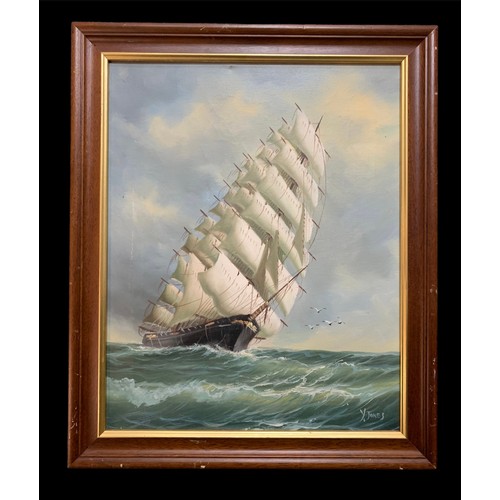 397 - Y Jones (20th Century), oil on canvas painting of a masted sailing ship on choppy waters. Signed low... 