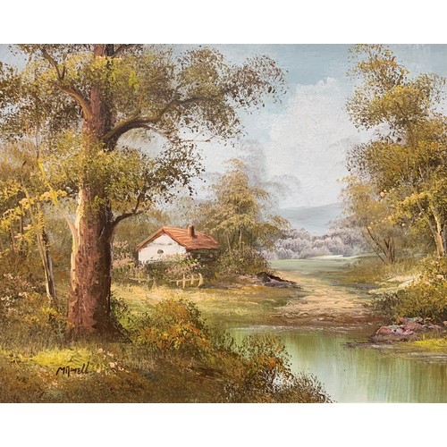 398 - Mitchell (20th Century), oil on canvas landscape painting featuring a lakeside cottage and green tre... 