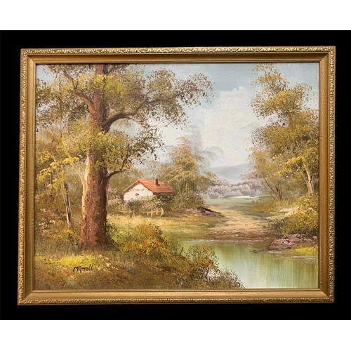 398 - Mitchell (20th Century), oil on canvas landscape painting featuring a lakeside cottage and green tre... 