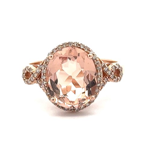 61 - Morganite and diamond rose gold cluster ring. – stamped BH and 14K. Size N. weight 3.82g. Oval morga... 