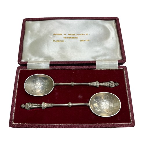 194 - Richard B Wigfull & Son Ltd, pair of boxed decorative silver spoons by Richard B Wigfull & Son, with... 