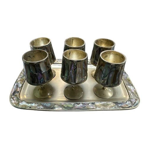 268 - Vintage Alpaca Silver & Abalone cordial / shot set, silver untested, decorative set of six shot glas... 