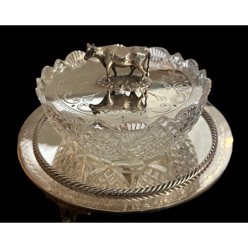 254 - Decorative 19th / 20th Century silver plated and crystal butter dish, surmounted with detailed silve... 