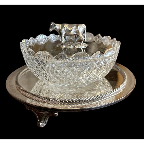 254 - Decorative 19th / 20th Century silver plated and crystal butter dish, surmounted with detailed silve... 