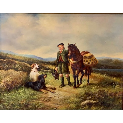 393 - Scottish Hunter taking a rest, unsigned oil on board painting of a Scottish game hunter resting with... 