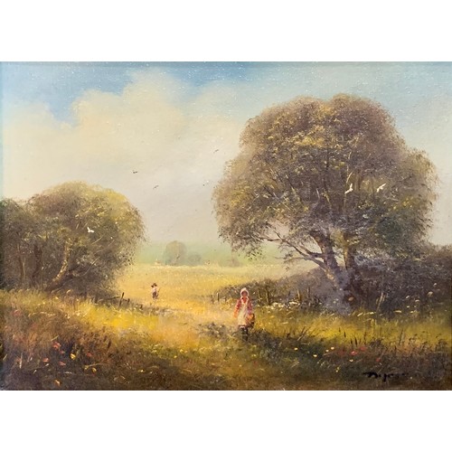 392 - Ted Dyer (British, b. 1940), oil on canvas painting of children walking through a field, flanked eit... 