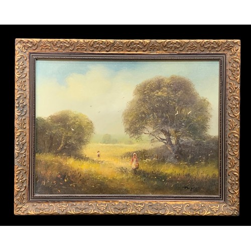 392 - Ted Dyer (British, b. 1940), oil on canvas painting of children walking through a field, flanked eit... 