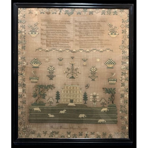 284 - Very large embroidery sampler by Hannah Primrose aged 9 Years, dated 1829. Extensively decorated wit... 