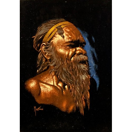 402 - Martinus (Aboriginal, 20th Century), oil on felt portrait of an aboriginal man, signed Martinus lowe... 