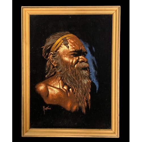 402 - Martinus (Aboriginal, 20th Century), oil on felt portrait of an aboriginal man, signed Martinus lowe... 