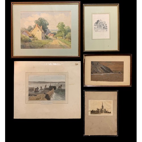 368 - Selection of signed artworks, etchings & prints with; a watercolour landscape of a cottage signed by... 