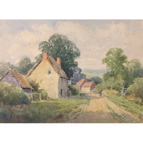 368 - Selection of signed artworks, etchings & prints with; a watercolour landscape of a cottage signed by... 