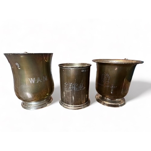 204 - Three hallmarked silver vessels. The first cup inscribed W.A.M with marks for Elkington & Co Ltd, Bi... 