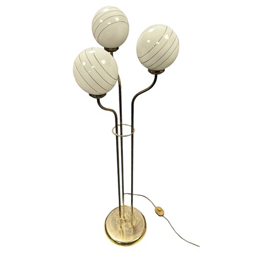 273 - Mid 20th Century European glass globe floor lamp, with three brass standing arms and glass globe sha... 