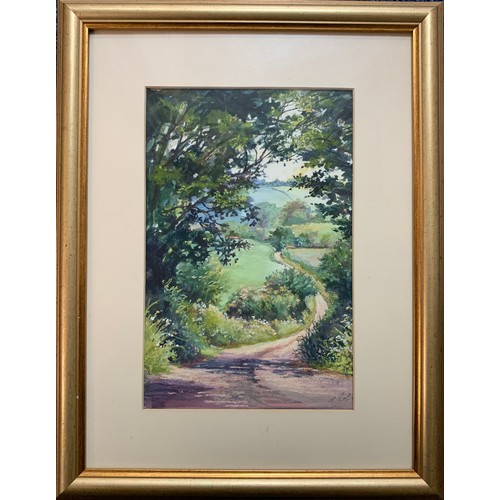 381 - Pam Cox (British, 20th Century), ‘Devon Lane’, watercolour and pastel landscape. Signed lower right,... 