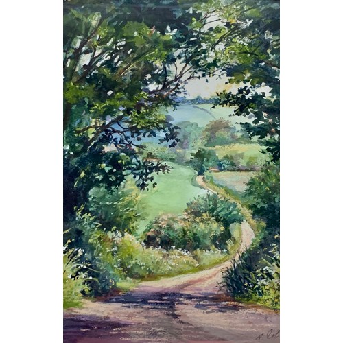 381 - Pam Cox (British, 20th Century), ‘Devon Lane’, watercolour and pastel landscape. Signed lower right,... 