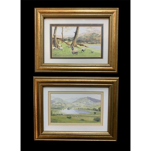 382 - Desmond Treanor (British, 20th Century), pair of miniature watercolour sheep-related landscapes. Ini... 