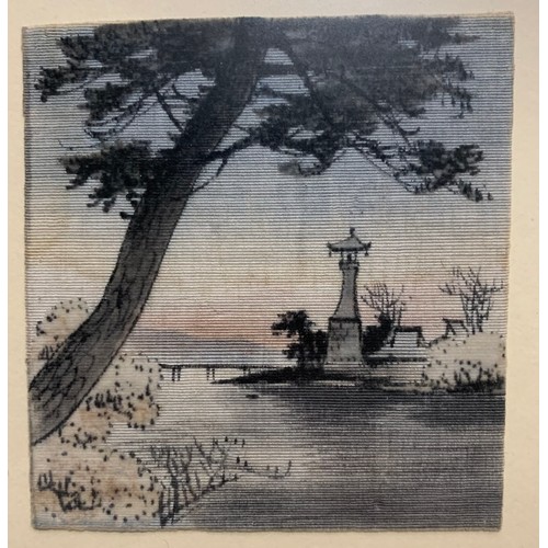 360 - Pair of framed Japanese silk landscape paintings, The Yamato Silk Store Yokohama labels affixed to r... 