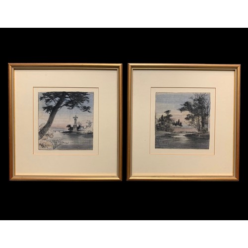 360 - Pair of framed Japanese silk landscape paintings, The Yamato Silk Store Yokohama labels affixed to r... 