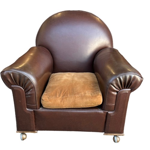 418 - Art Deco style brown leather club type arm chair. width 100cm, depth 106cm.