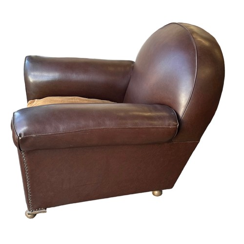 418 - Art Deco style brown leather club type arm chair. width 100cm, depth 106cm.