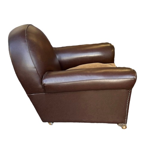 418 - Art Deco style brown leather club type arm chair. width 100cm, depth 106cm.