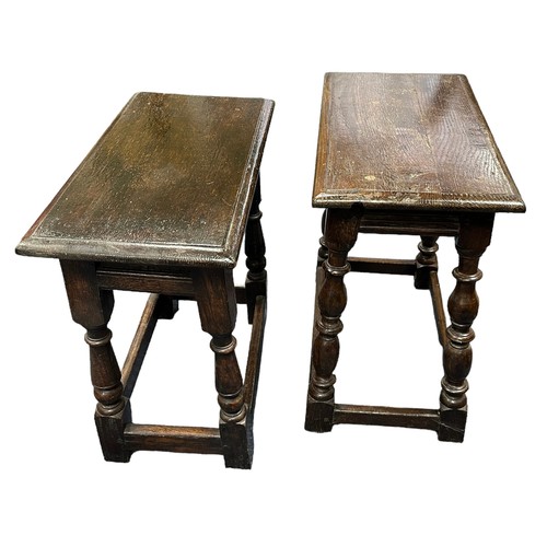 423 - Two oak coffin stools Victorian / early 20th Century, heights approx. 52cm, width 53cm, depth 27 & 2... 