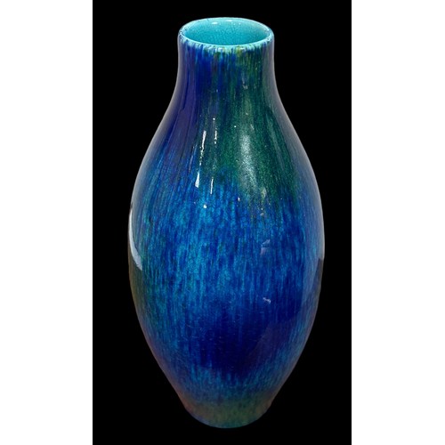 221 - Boch Feres, a Boch Feres art deco streak crackled glaze blue / green vase. Swolen form with cicular ... 