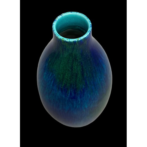 221 - Boch Feres, a Boch Feres art deco streak crackled glaze blue / green vase. Swolen form with cicular ... 