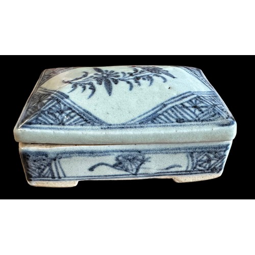 354 - Chinese export Qing Dynasty hand painted blue and white pottery box, circa 1820. Domed cover painted... 