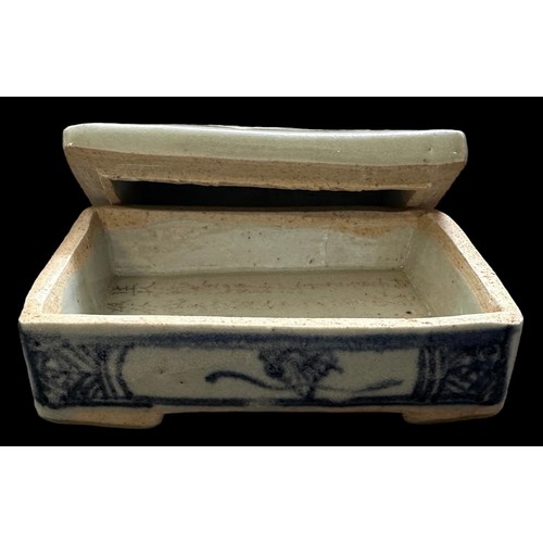 354 - Chinese export Qing Dynasty hand painted blue and white pottery box, circa 1820. Domed cover painted... 