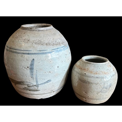 355 - Chinese 18th Century pair of Pottery Jars, including, pale bluish-grey glaze with hand painted desig... 