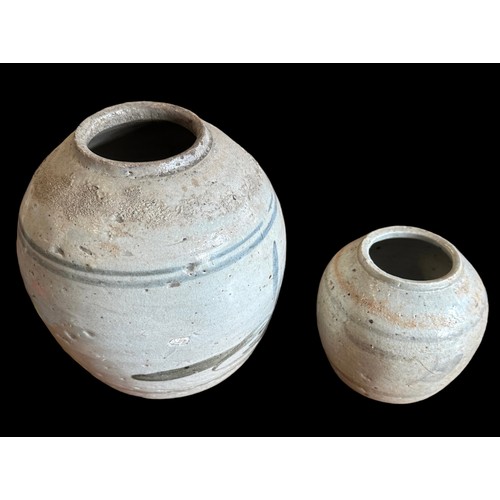 355 - Chinese 18th Century pair of Pottery Jars, including, pale bluish-grey glaze with hand painted desig... 